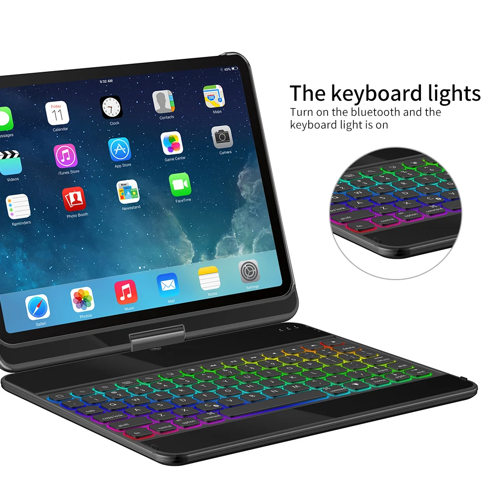  360 Degree Rotation case for ipad pro 11 inch with Wireless Bluetooth Keyboard Swivel Stand Heavy D