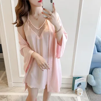 

Spring New Female Lace Trim 2PCS Sleepwear Sexy Robe Set Classic Bride Bridesmaid Wedding Dress Lounge Nightwear Home Gowns