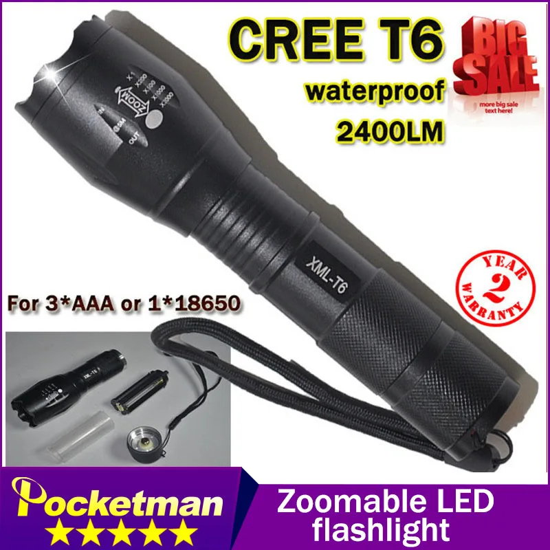 

Big Promotion Ultra Bright CREE XML T6 LED Flashlight 5 Modes 2400 Lumens Zoomable LED Torch  Free shipping
