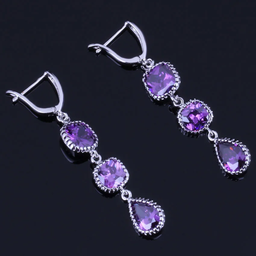 

Awesome Water Drop Purple Cubic Zirconia Silver Plated Drop Dangle Earrings V0841
