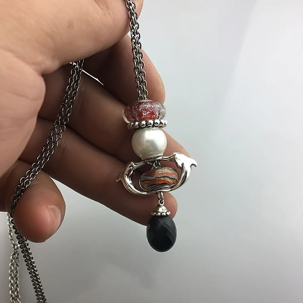 Black Agate Pendant Necklace Of Onyx Stones Fit Troll European Charms 925 Sterling Silver Beads DIY Jewelry Gift For Woman (16)