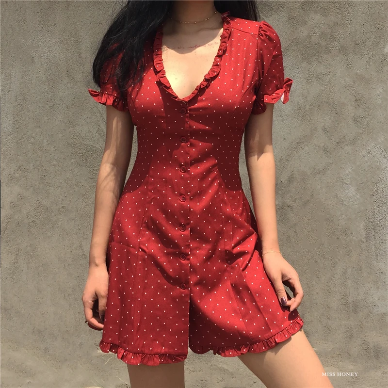 Women Print V Neck Button Up Mini Dress with Frill Trimming