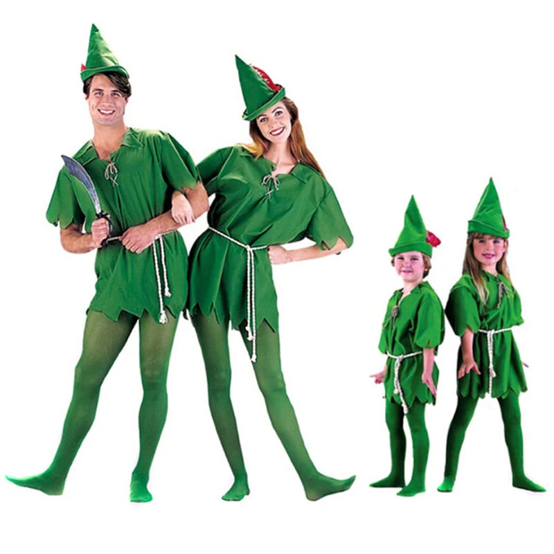 Cosplay&ware Kids Adult Vashejiang Peter Pan Costume Halloween Men Women Green Elf Parent-child Christmas Costumes With Stocking -Cosplayware Store
