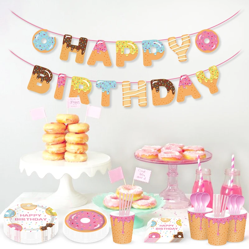 

Omilut Donut Party Decor Supplies Sweet Donut Grow Up 1th Birthday Baby Shower Girl Disposable Tableware Set Donut Cake Topper