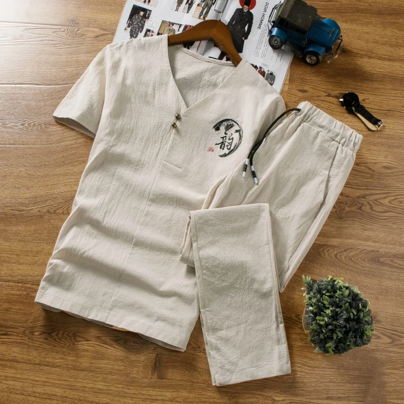  embroidery men two-piece Summer short-sleeved men tshirt with drawstring strap Ankle Length pants W