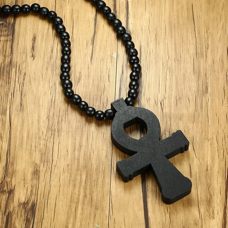 Мужская коричневая деревянная подвеска Ankh Cross с 35 дюймовым деревянным бисерным ожерельем мужские Египетские украшения в стиле хип-хоп для него ключ Нил