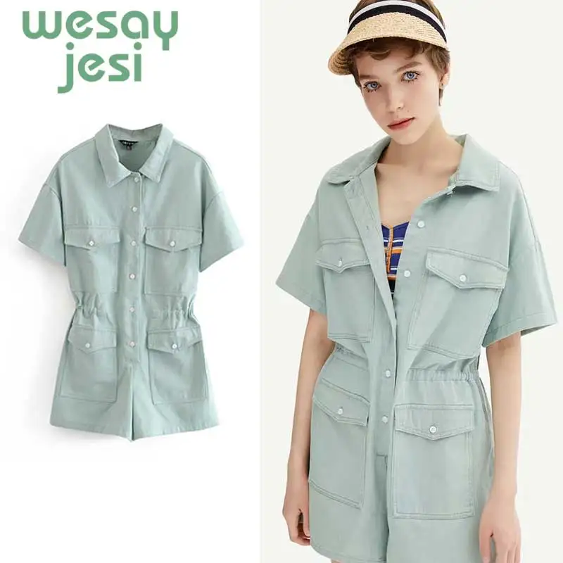 

Women elegant short sleeve solid playsuits pocket design elastic waist rompers ladies vintage sweet casual jumpsuits