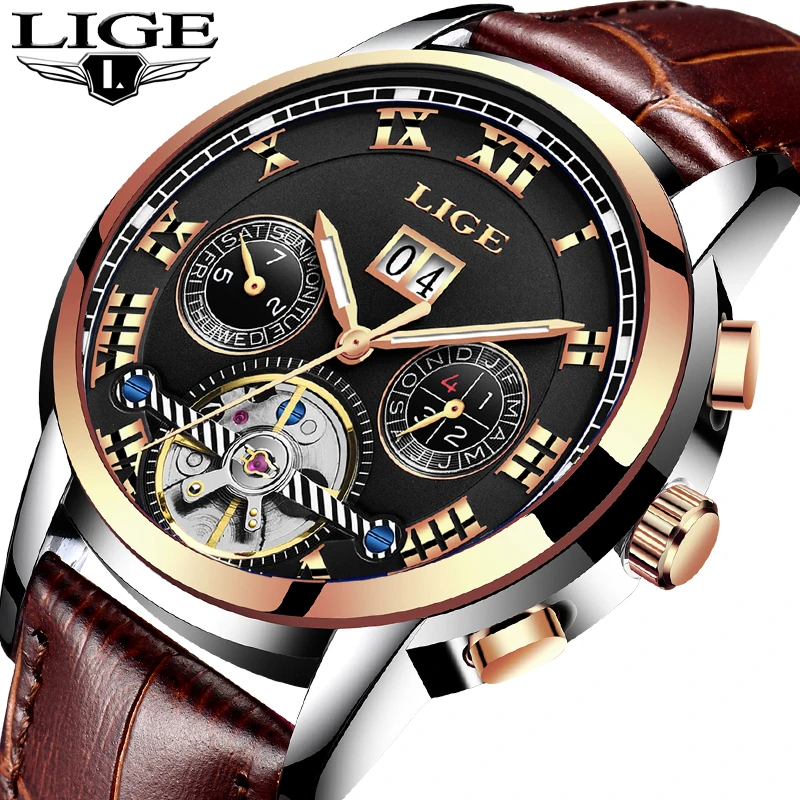 

Relogio Masculino LIGE Mens Watches Top Brand Luxury Automatic Mechanical Watch Men Leather Business Waterproof Sport Watches