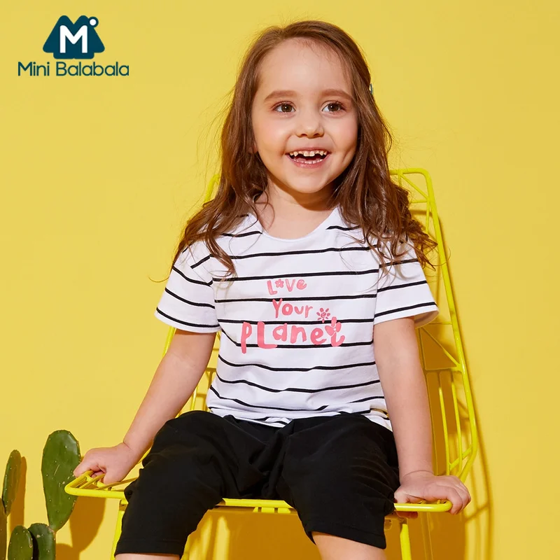 Mini Balabala/футболка для девочек г. Мягкая хлопковая футболка в полоску с короткими рукавами Детская футболка с круглым вырезом в рубчик с принтом Футболка, Топ