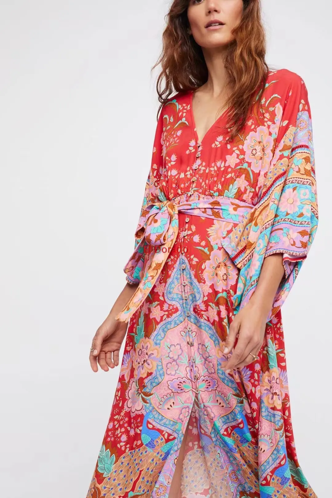 Новинка, богемное платье-кимоно с цветочным принтом, пуговицы спереди, v-образный вырез, летнее платье с поясом, красное винтажное длинное платье макси в стиле бохо