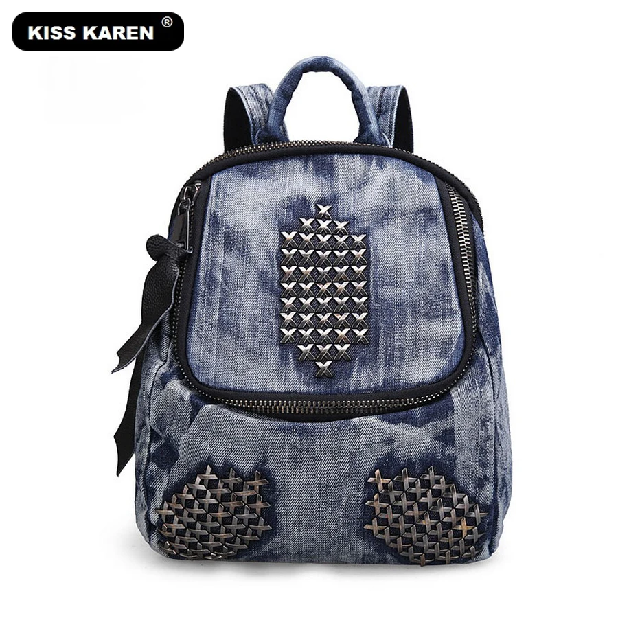 KISS KAREN Fashion Rivet Women Backpack Jeans Bag Denim Women's