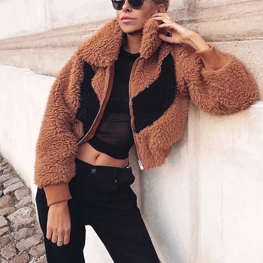 

TEELYN winter warm women Faux Fur Coat 2019 Brown Geometric pattern splice long sleeve short Women coat thick female outerwear