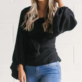 

Lantern Sleeve Top Autumn 2017 Women Casual Long Sleeve Round Neck Bandage Shirt Blouse Women's Tops