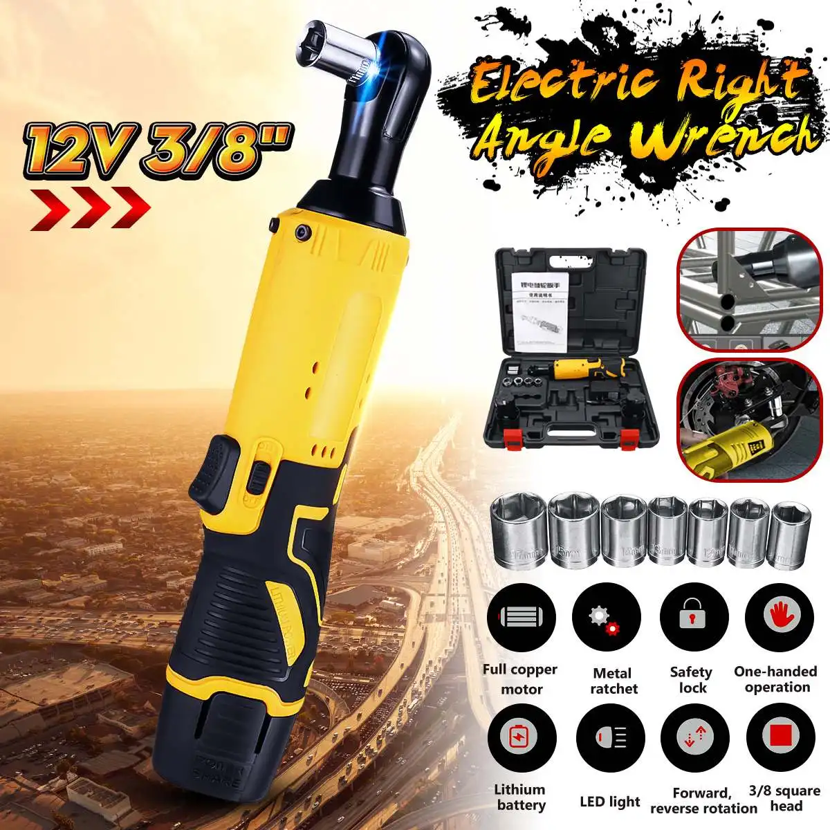 

12V 45Nm LED Cordless Electric Ratchet Wrench 3/8 Inch Chuck Right Angle Wrench Tool 2 Li-ion Battery