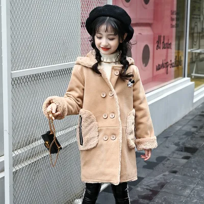 Куртки для девочек, коллекция года, осенне-зимняя детская верхняя одежда пальто-кардиган для девочек детская одежда Повседневная Длинная куртка пальто для девочек 120-160 см - Цвет: Хаки