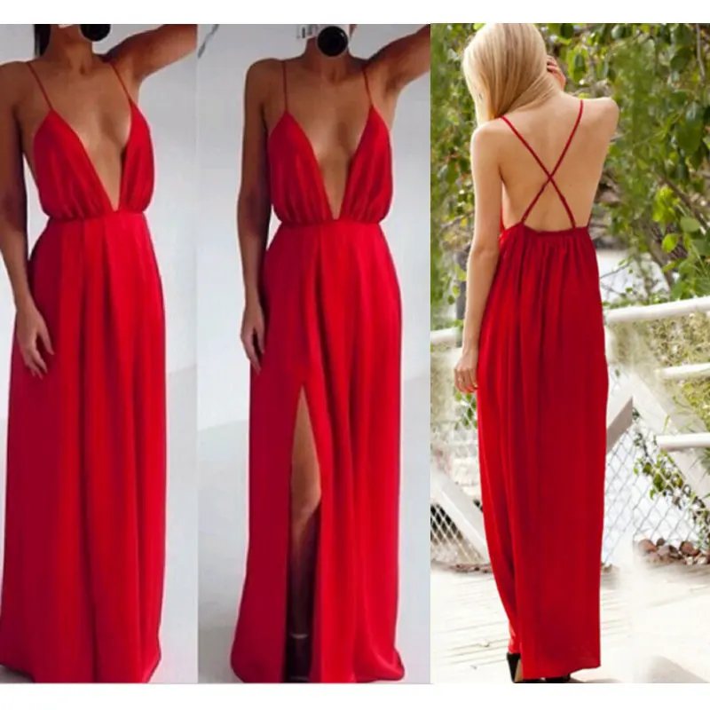 

2018 High Split Women Dress Evening Party Elegant Long Dress Sexy Red Spaghetti Strap Backless Pleated Maxi Dress deep V dresses