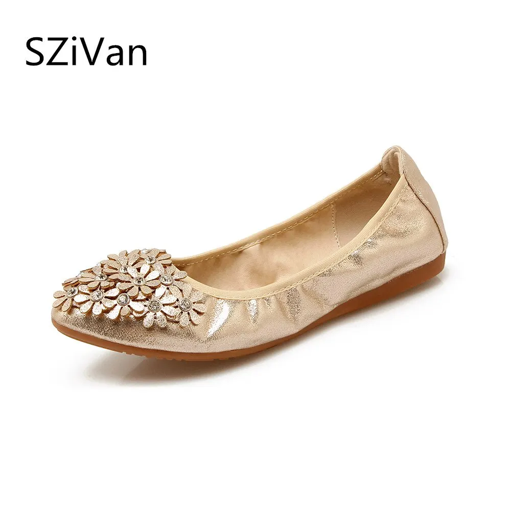 

Summer Women Foldable Ballet Flats Slip On Flower Rhinestone Shoes Woman Loafers Flowers Soft sapato feminino Plus Size 34-45