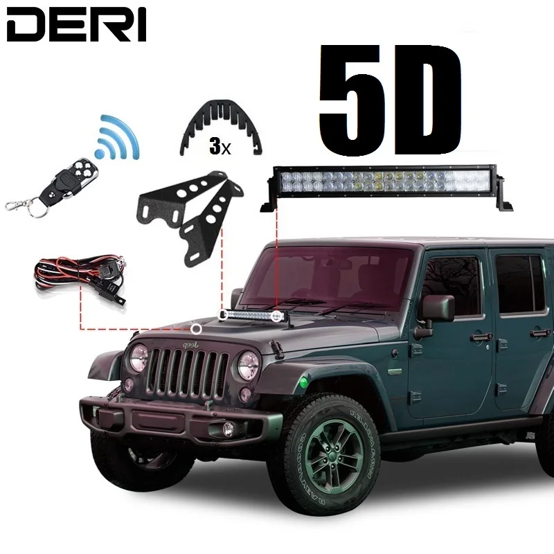 

5D 22in 120W Combo Offroad LED Light Bar + Wireless Remote Controller Hood Mount Bracket Isolator For Jeep Wrangler JK 07-17 Kit