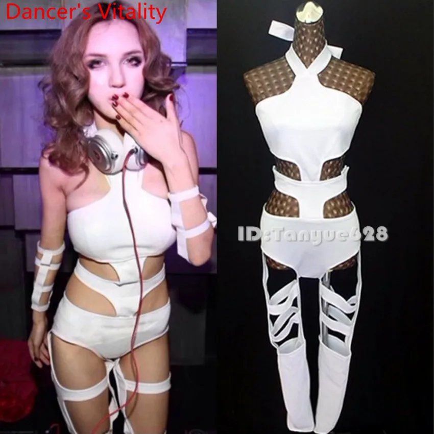 

New Nightclub Bar Stage Wear DJ Female Singer DS Sexy Bandage White Cut out Body Suit Performance Costume Pole Jazz Dancewear