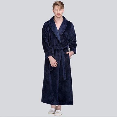 Men Women Winter Extra Long Thicken Grid Flannel Warm Bath Robe Luxury Soft Thermal Bathrobe Mens Dressing Gown Male Sexy Robes - Цвет: Navy Men