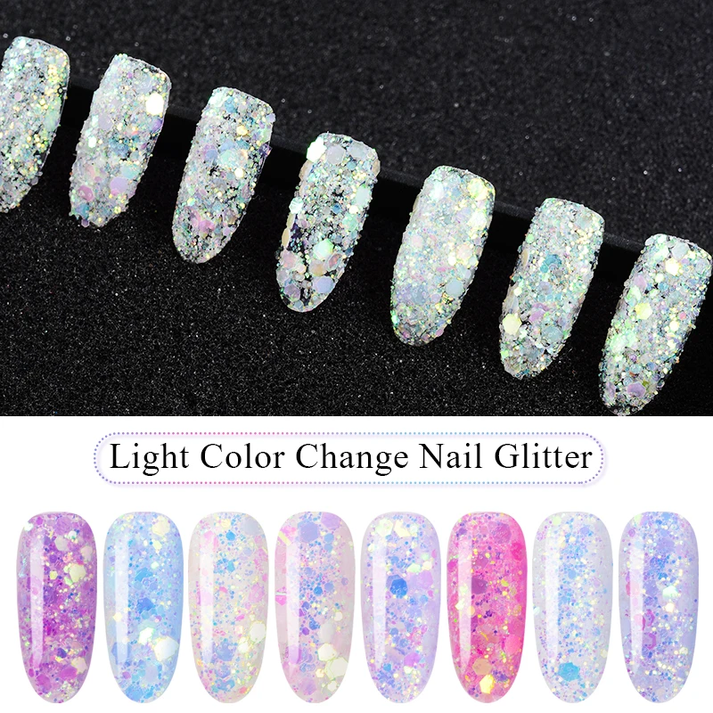 

MEET ACROSS 1 Box 3D Nail Light Color Changing Purple Pink Mix Nail Glitter Powder Sequins Powder For Nail Art For Gel Polish