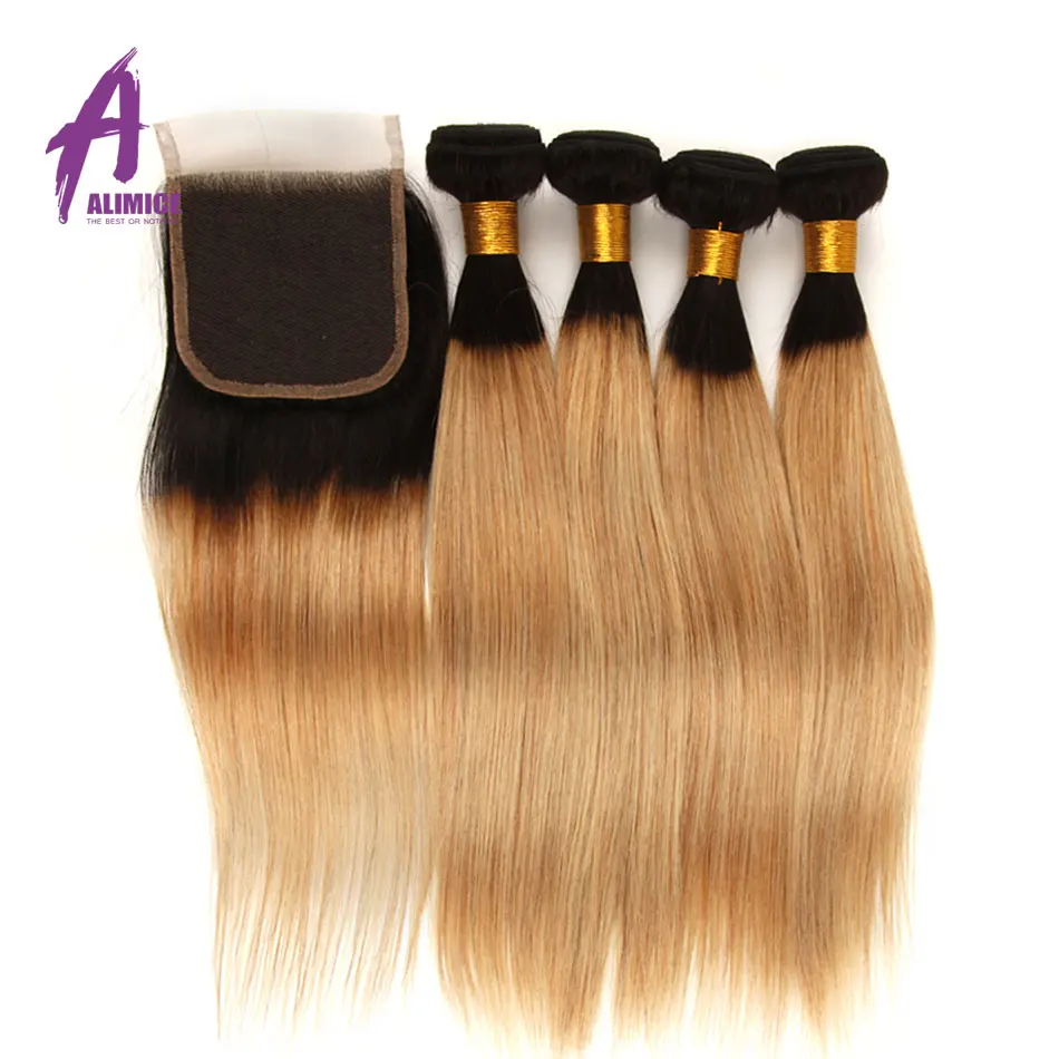 

Ombre Blonde Brazilian Straight Hair Weave Bundles With Lace Closure T1B 27 Honey Blonde Human Hair Bundles With Closure Alimice