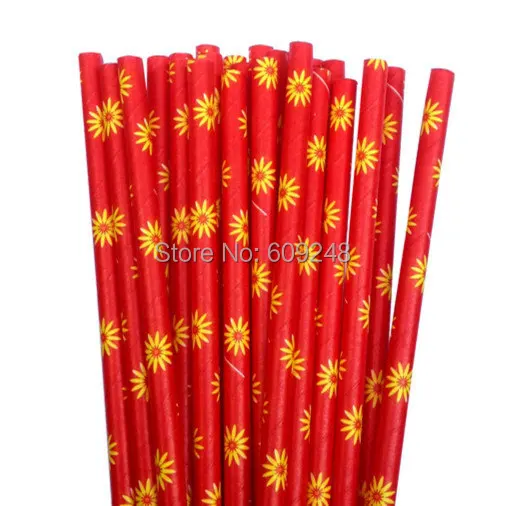 100pcs Mixed Colors Yellow Daisy Printed Red Paper Straws, Cheap Cute Floral Party Supplies