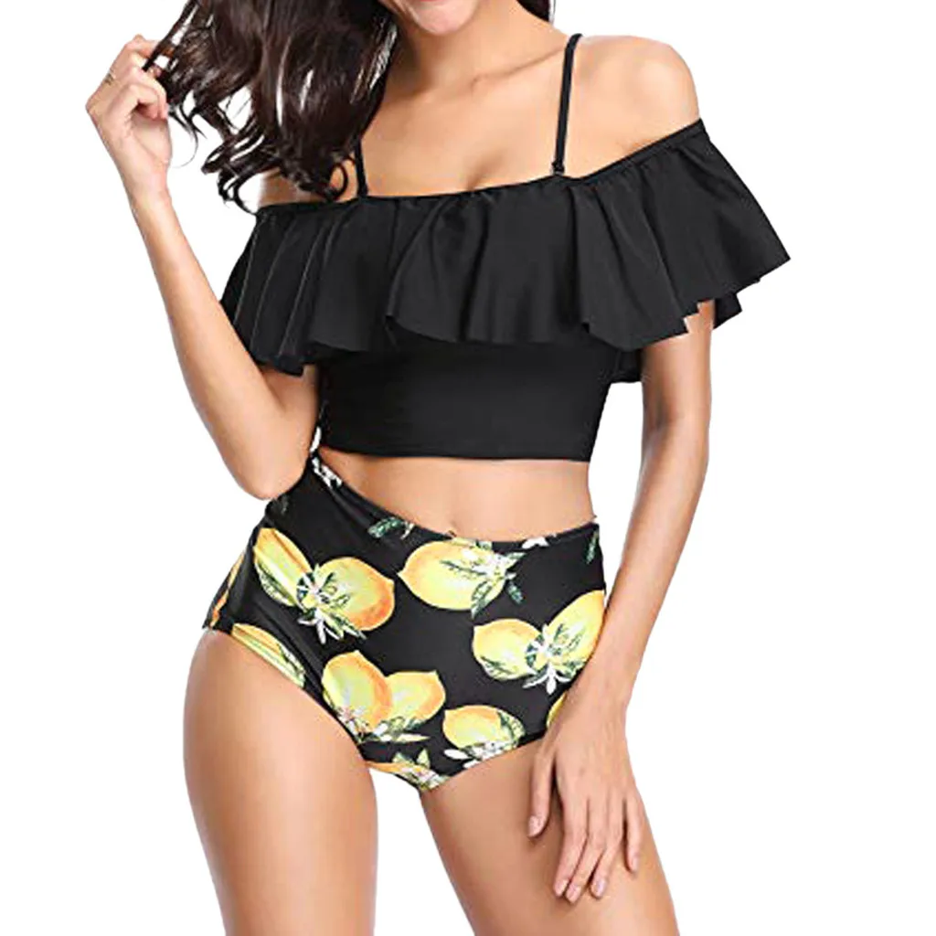 

Women Sexy Two Pieces Swimsuit Bathing Suits Fashion Top Ruffled With High Waisted Bottom Bikini Set Swimwear Beachwear