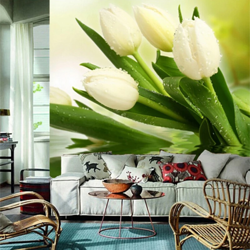 Пользовательские фото обои фрески 3D Современная Гостиная ТВ фон настенный Декор Спальня свежие белые тюльпаны нетканые обои