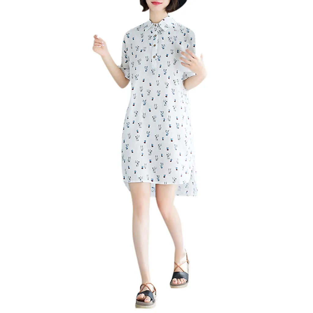 

Feitong Women's Vintage Print Dress Short Sleeve Turn-Down Collar Casual Knee-Length Dress vestidos verano 2019 New