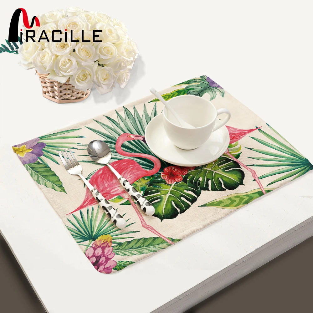 Miracille 2 4 6pieces Set Linen Tropical Flamingo Pattern Placemat Home Decorative Table mat kitchen table