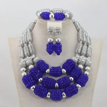 

3 Rows Crystal Beads Jewelry Sets 2017 new African Wedding Silver Mix Royal Blue Necklace African Accessory Free Shipping ABL985