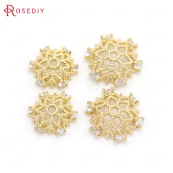 

6PCS 10MM 12MM hole 1MM Brass with Zircon 24K Gold Color Plated Snowflake Bead Caps Jewelry Findings Accessories