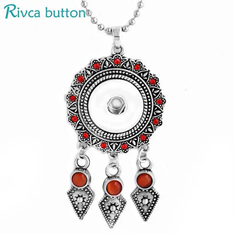 

Rivca Snap Button Pendant & Necklace For Women's Jewelry New Fashion Double circle Ancient Silver Plating Necklaces P01233