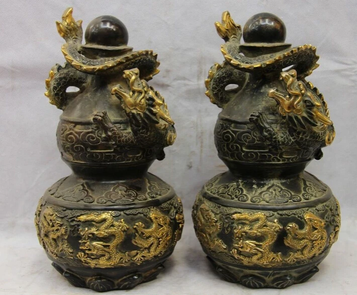 

xd 002076 China Bronze Copper Feng Shui Dragon Play Bead bottle Gourd Pot Vase Statue Pair