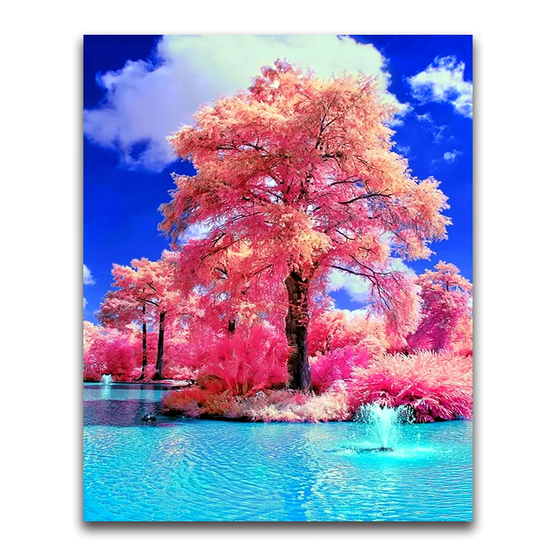 Full round Diamond painting Cross stitch Cherry blossoms tree full square Diamond mosaic Pink leaves 5d Diamond embroidery River