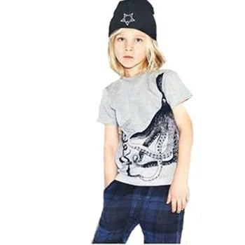 

Summer Boy Kids Clothinh Set 2017 Cartoon Octopus Print T shirt+Plaid Pant 2pcs Toddler Girls Sets New Leisure Children Costume