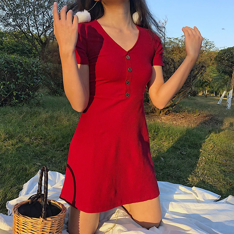 Beach Summer Dress Women Knitted Button V neck Rib Black Red Mini Dress Elegant Kawaii Casual Korean Vestidos