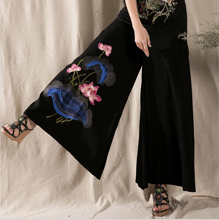 

DANCING WINGS Summer Women's Linen Wide Leg Wide Leg Pants High Quality Lotus Embroidery Black Casual Pants A-36