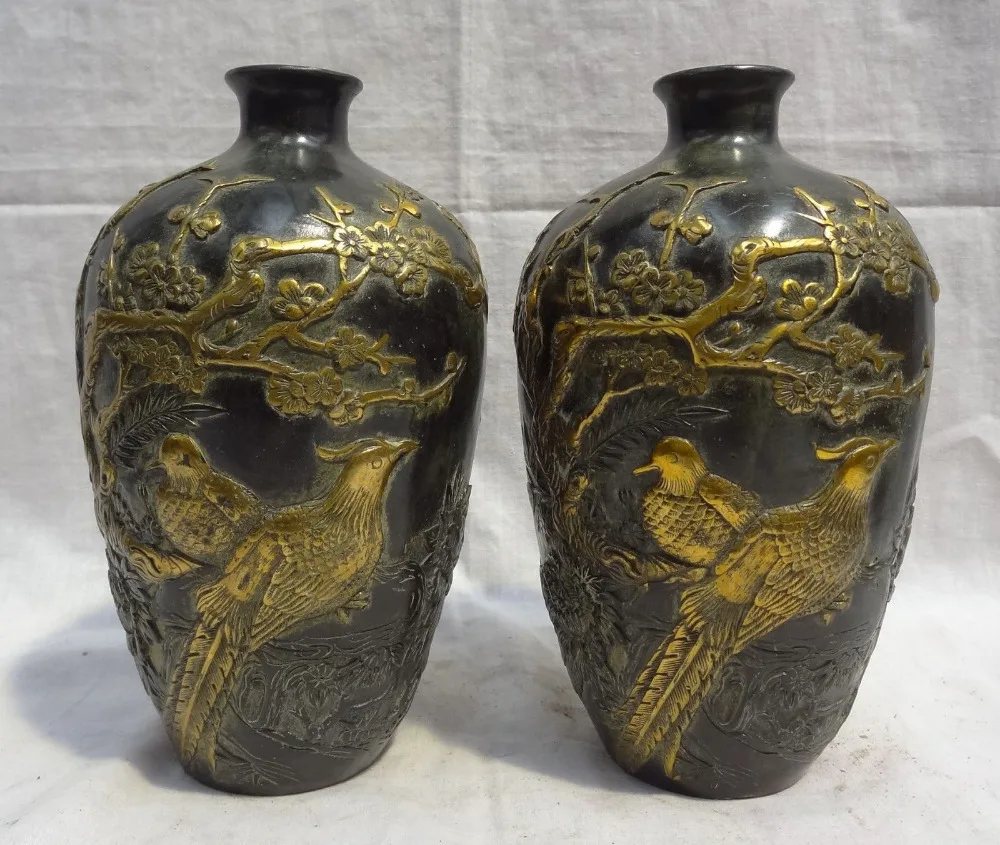 

bi003448 8" Chinese Bronze Gilt Bird 2 Magpie Pine Tree Statue HanZi Flower Pot Vase Pair
