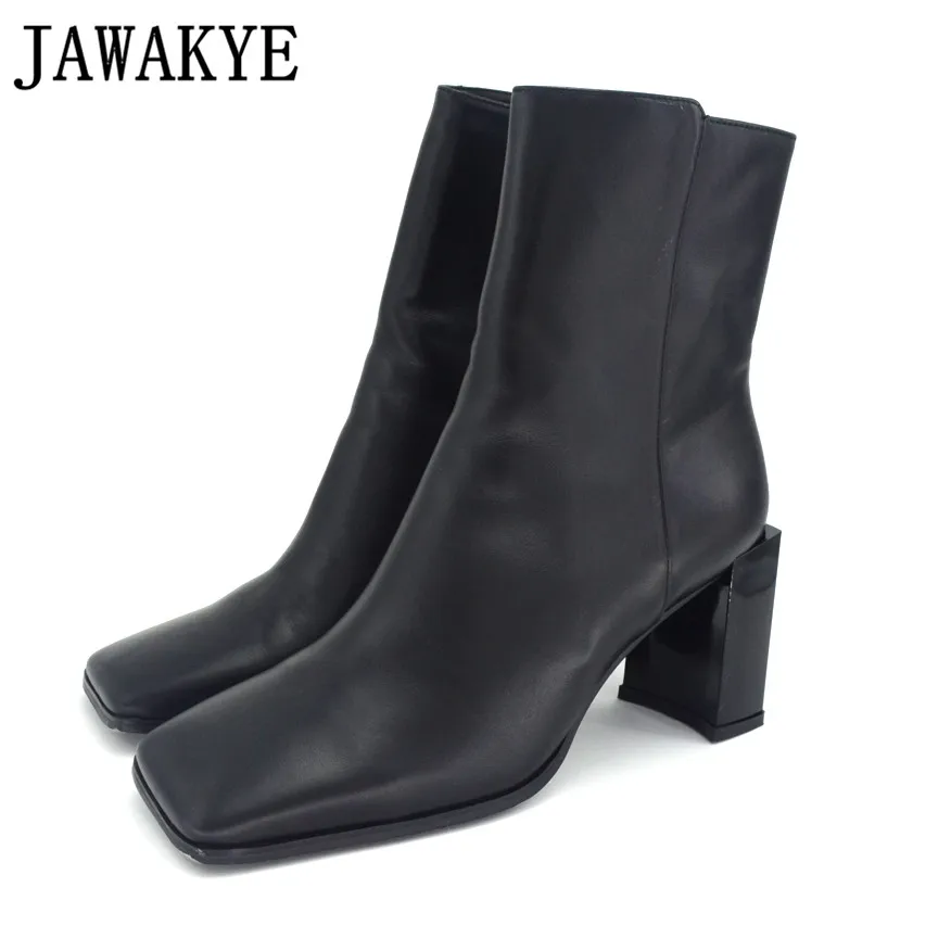 

JAWAKYE Newest genuine leather Short Boots high heels high quality square toe Wrinkled runway style Ankle Boots for women shoes