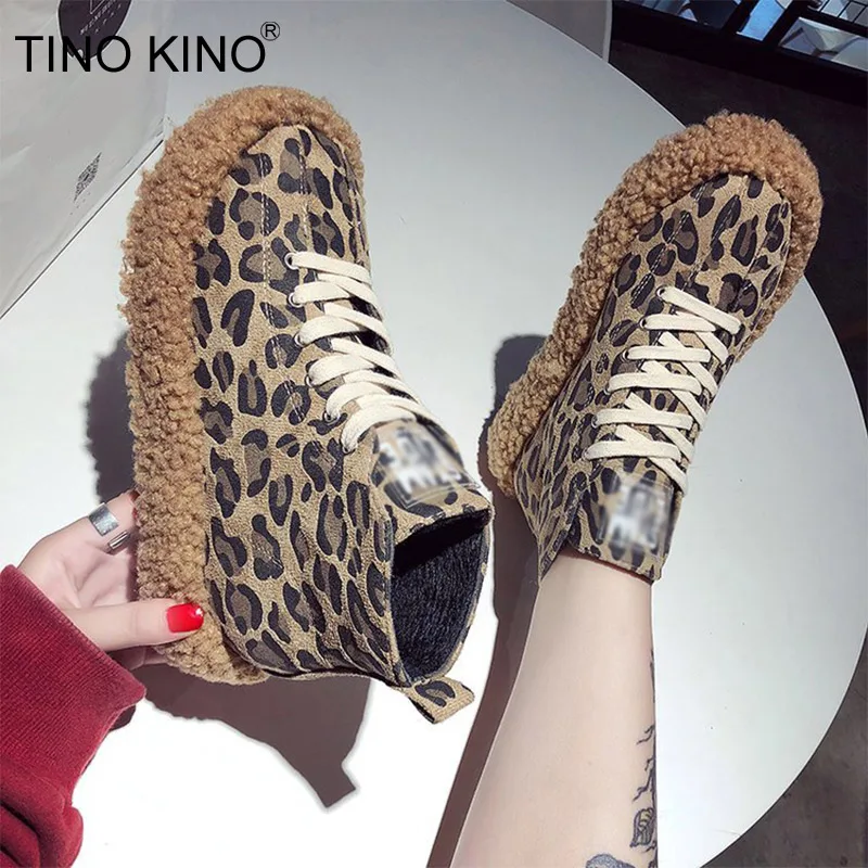 

Tino Kino Winter Women Ankle Boots Lace Up Ladies Leopard Fur Thick Heels Platform Flat Fashion Female Comfortable Shoes