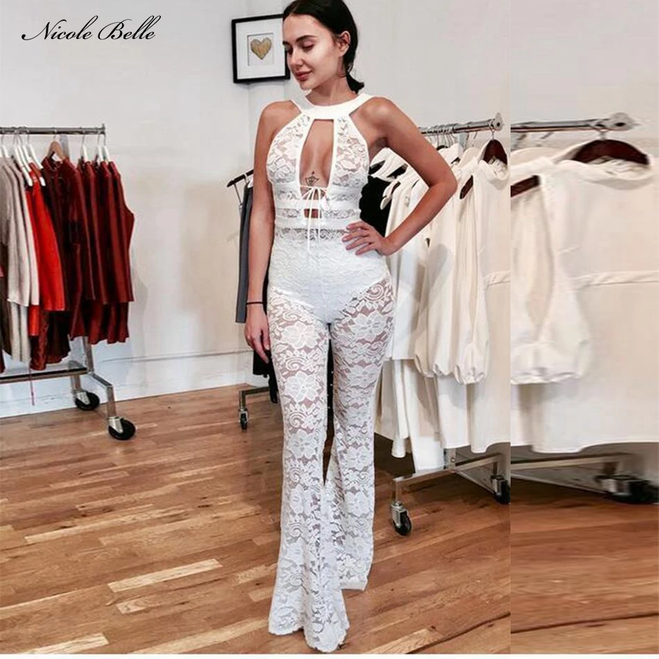 NICOLE BELLE 2017 New Women Lace Jumpsuit Fashion Sexy White Sleeveless Lace Full Body Long