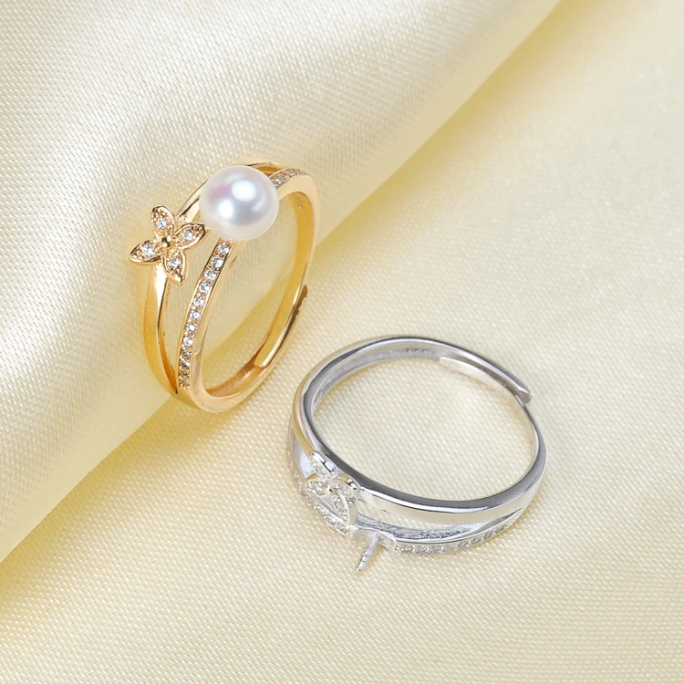 

2 Color 925 Sterling Silver Pearl Ring European Finger Ring Adjustable Ring Findings Jewelry Parts Fittings Accessories