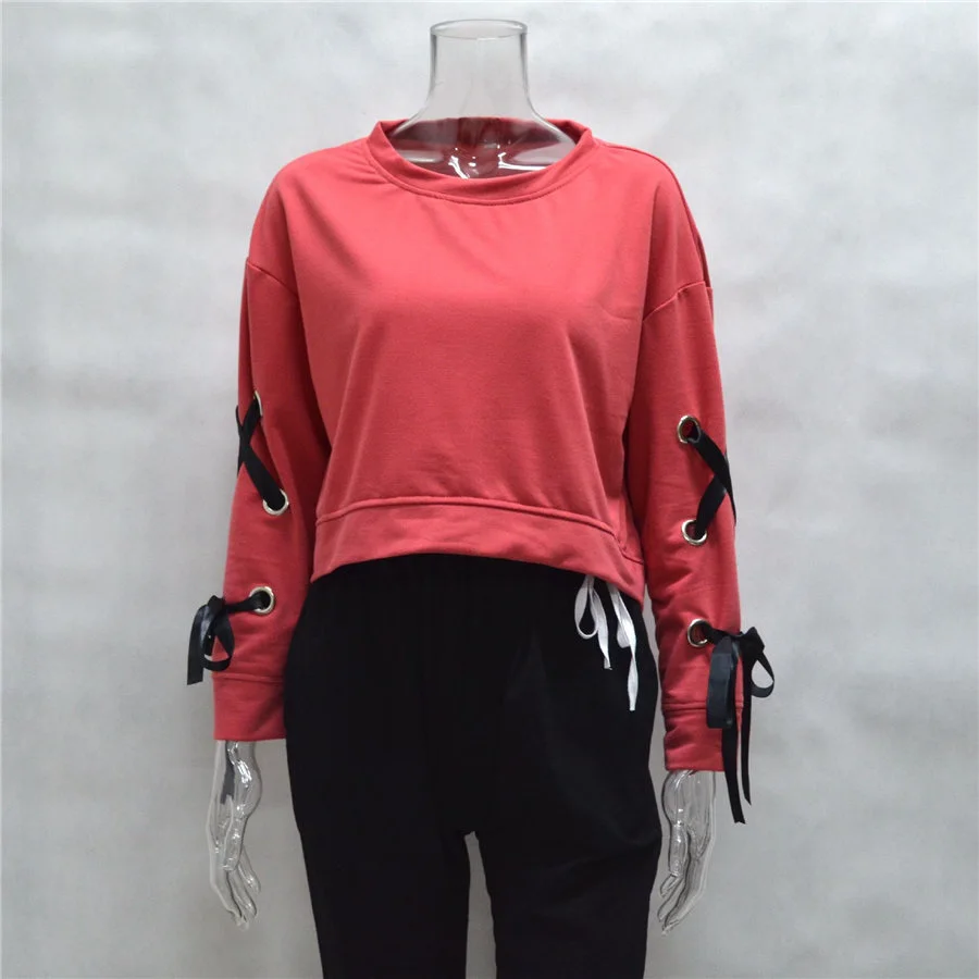 Gladiolus Fashion 2018 Autumn Sweatshirt Women Lace Up Long Sleeve Pink Sexy Crop Top Loose Pullover Hoodie Women Tracksuit Tops (24)