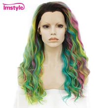 Imstyle, Радужный зеленый парик, синтетические парики на кружеве, глубокая волна, цветные парики для женщин, термостойкие волосы, парик для косплея