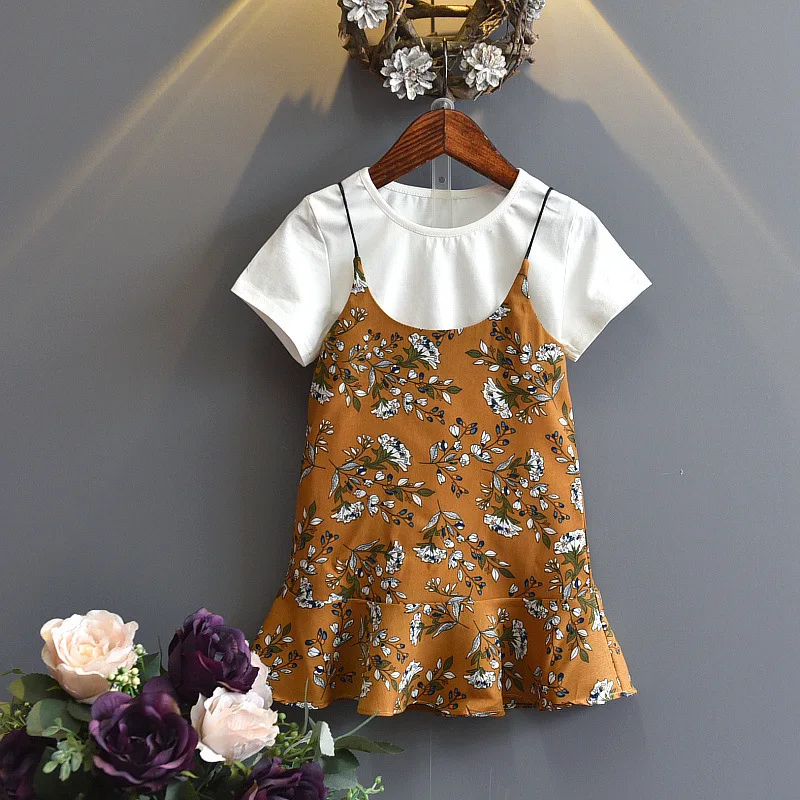

Summer Kids Girls Clothes Sets short Sleeve Fashion Children's Dress Sets Baby Girl White T Shirts+Camisole Dresses Child Suits