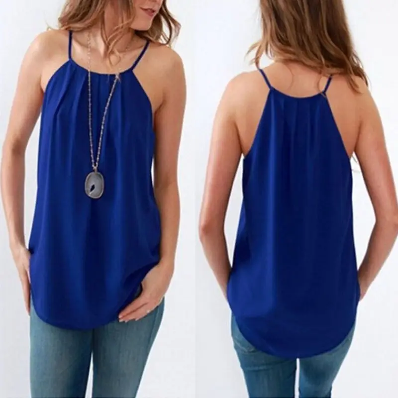 Summer Womens Lady Tops Casual Chiffon Vest Tops Tank Solid Blue Camis Blouse Sleeveless Women