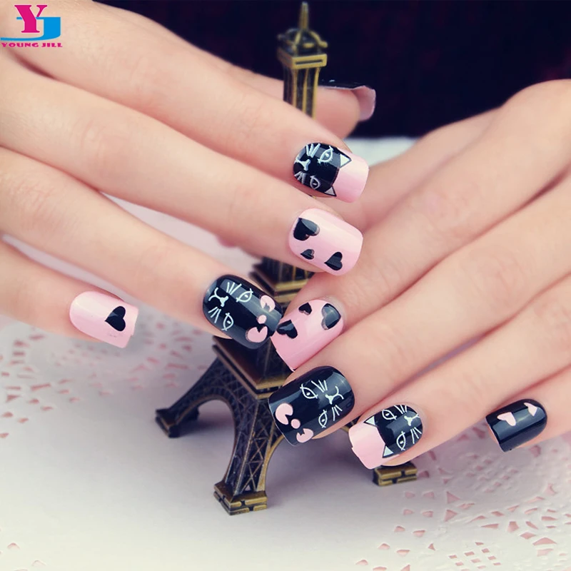 Розовый Кот Дизайн искусственная Ongles Avec Колле милые поддельные накладные ногти