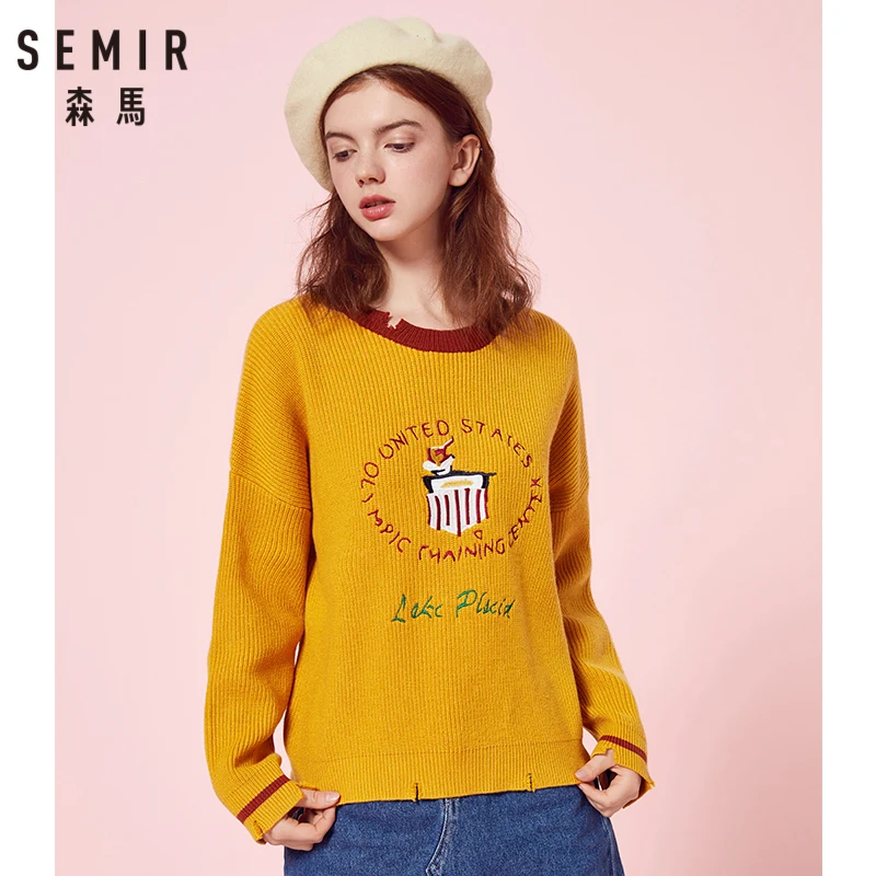 

SEMIR Women Embroidered Ribbed Knit Sweater in Contrasted Trim Dropped Shoulder Pullover Sweater with Destruction in Chic Style